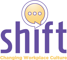 speech bubble logo reading SHIFT across the top in purple letters and changing workplace culture beneath in yellow