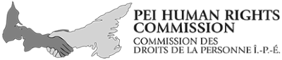 PEI Human Rights Commission logo. It shows the shape of PEI as two hands shaking with the text "PEI Human Rights Commission / Commission des droits de la personne Î.-P.-É."